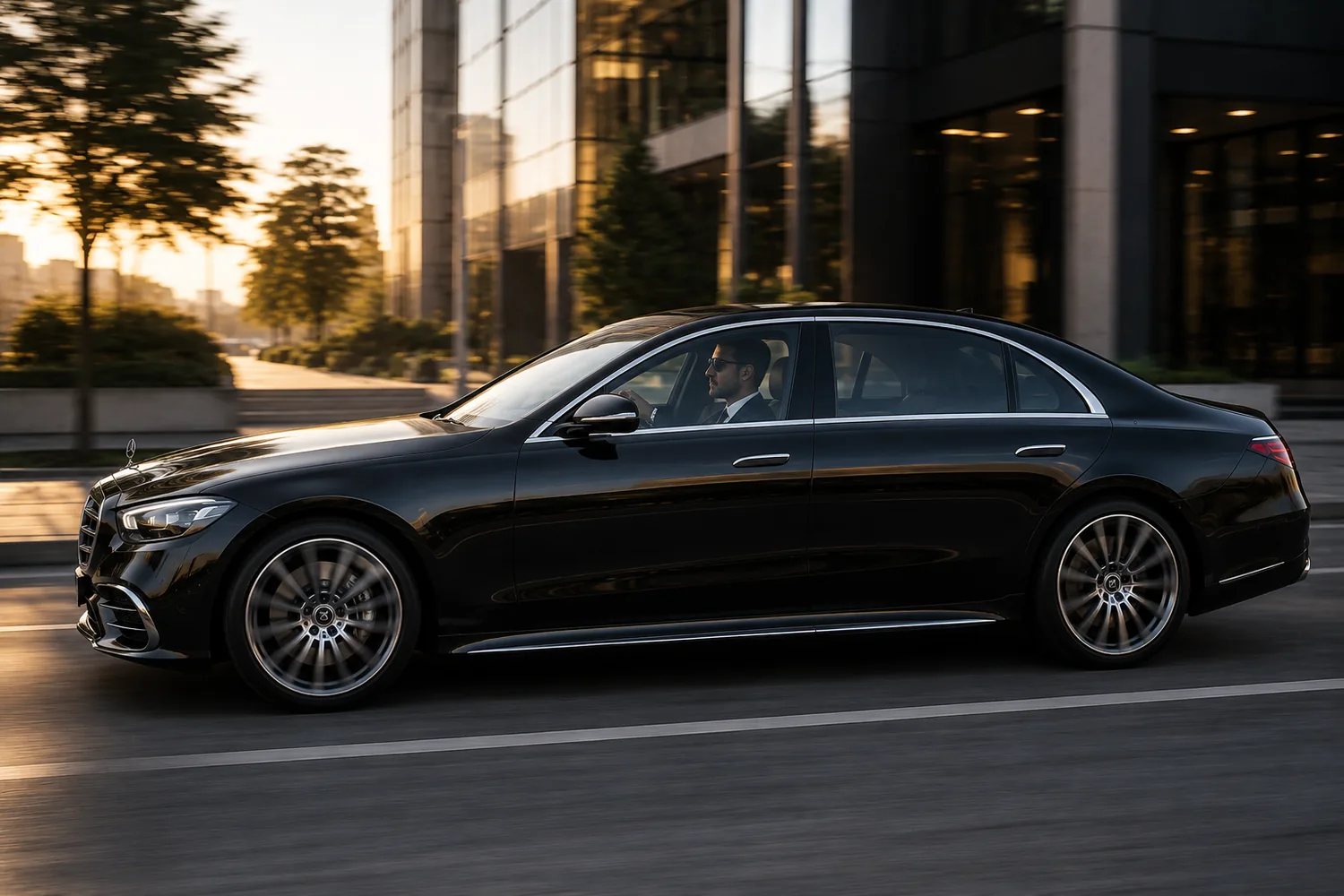 Chauffeur Service Lugano - Mercedes Classe S Long nera con autista alla guida su viale cittadino al tramonto